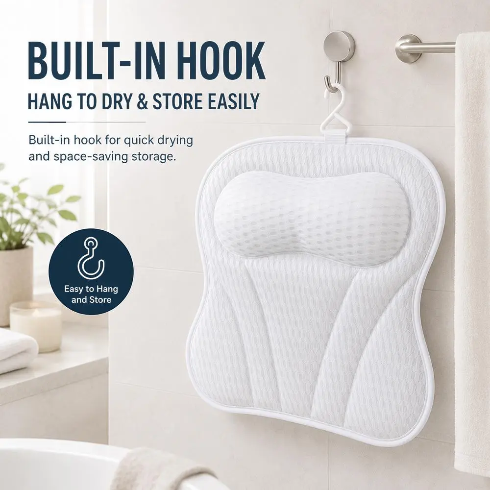 4D Ergonomic Bathtub Pillow for Neck & Shoulders Relief, Mesh Fabric Quick Drying Lightweight Headrest, 6 Non-Slip Suction Cups, Machine Washable Bath Accessory, Thoughtful Gift, Bathroom Necessities, Clean, Durable, Curved Shape, 4D Curved Design, Daily,
