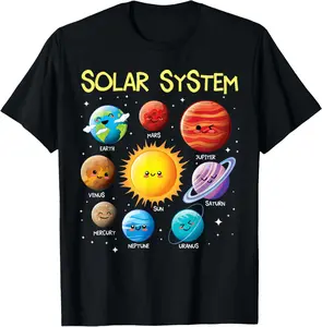 Solar System Cute Face Planets Space Science Teacher School Casual Short Sleeve Cotton T-Shirt