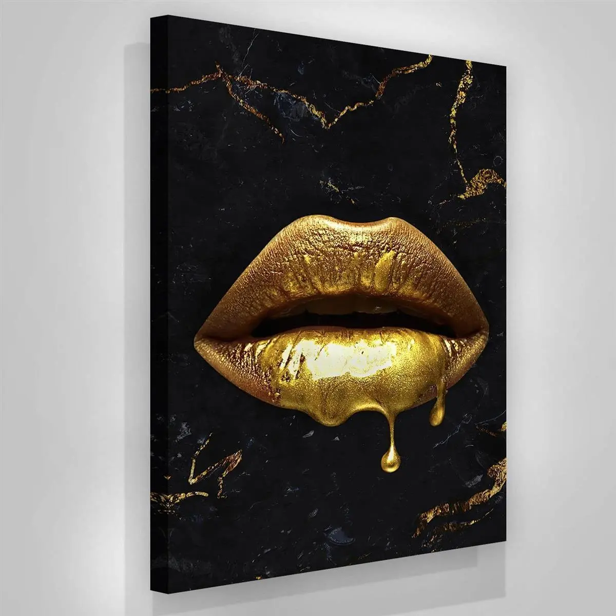 1Pc Canvas Wood Framed Canvas Printed Painting, Sexy lip art, minimalism, Nordic style, golden flowing gold, ideal gift, abstract creative oil painting, Home Room Decor Wall Art-Wrapped Canvas