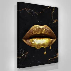 1Pc Canvas Wood Framed Canvas Printed Painting, Sexy lip art, minimalism, Nordic style, golden flowing gold, ideal gift, abstract creative oil painting, Home Room Decor Wall Art-Wrapped Canvas
