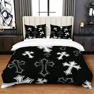 3PCS Duvet Cover Set, 1 Duvet+2 Pillowcases(Without filler), Gothic Cross Black White Modern Artistic Stylish theme, Halloween bedding set, Cross Pattern Suitable for decoration Bedroom Living Room Guest Room Hotel.