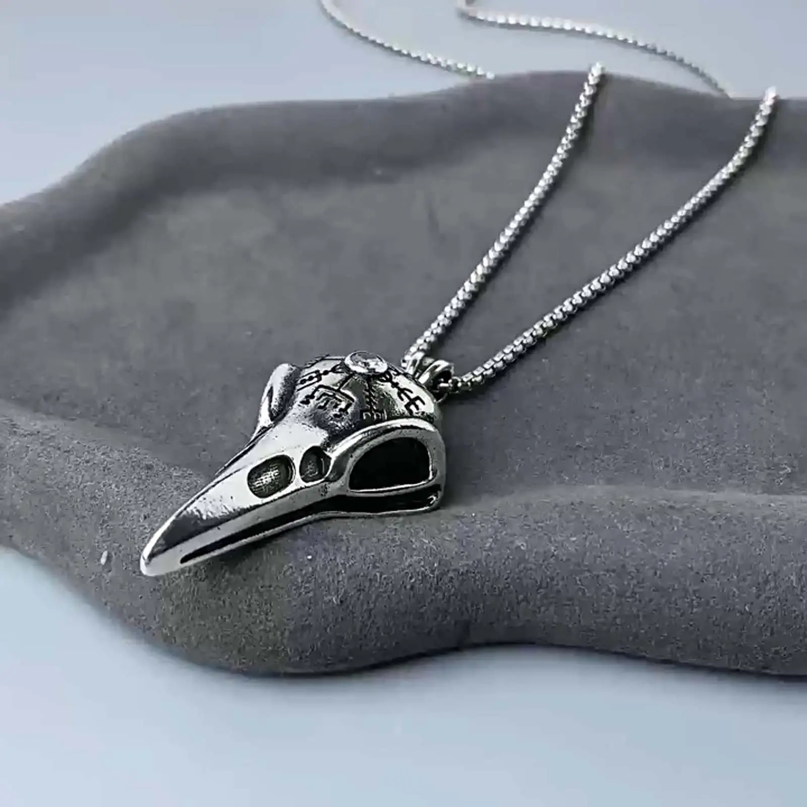 Bird skull necklace metal zircon design punk hip hop gothic dark style heavy box chain