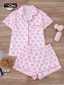 Summer Women's Loungewear Set, Girly Bow Print, Lightweight Button Down Sleepwear for Lazy Days, Pajama, Womenswear