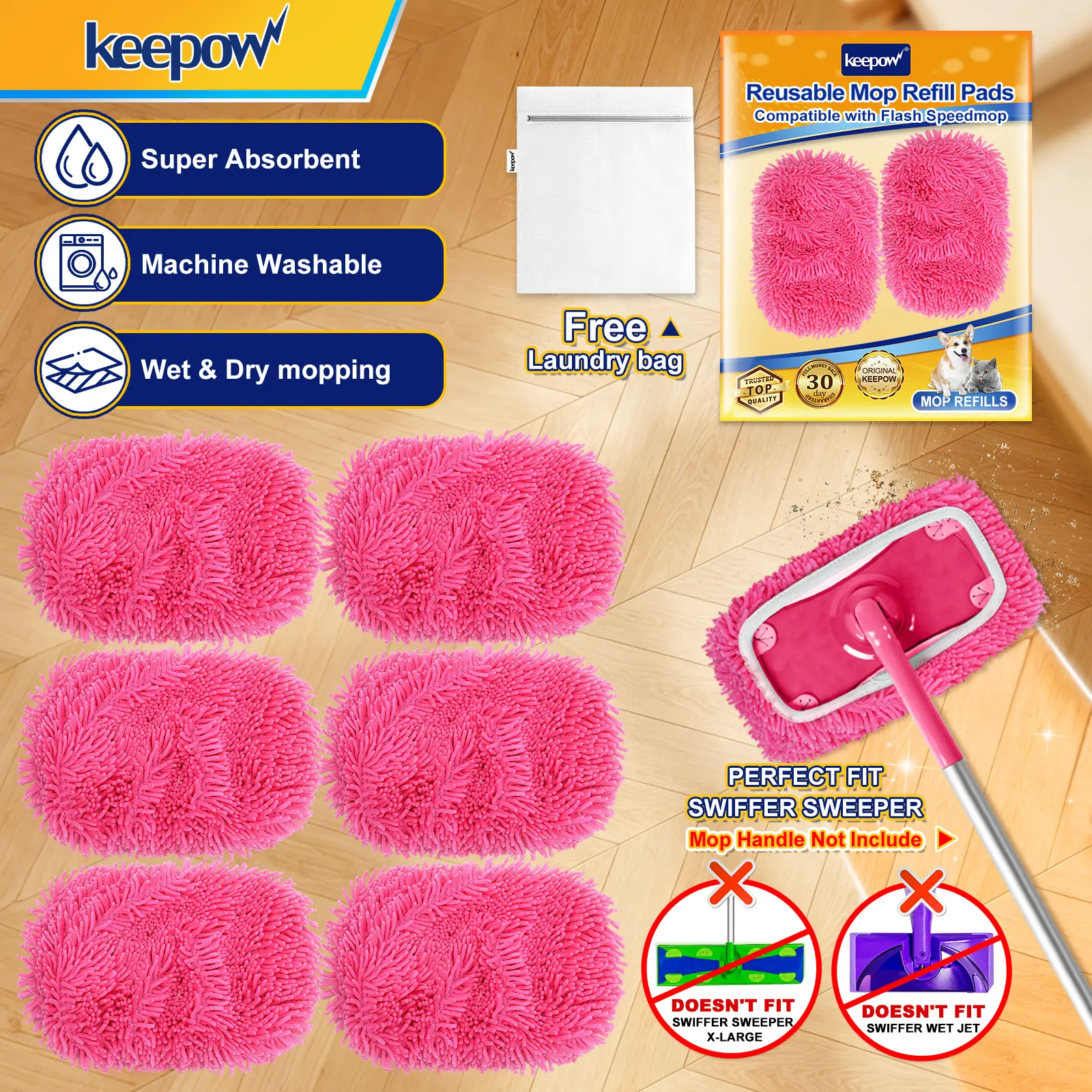 KEEPOW Reusable Microfiber Mop Heads - Dry Sweeping Cloths, Wet Pads Compatible with Swiffer Sweeper, Washer-and-Dryer Safe Floor Care Tool for Hardwood Surfaces Cleaning Supplies