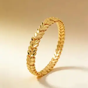 Dainty Gold Laurel Leaf Bangle Bracelet, 14K Gold Plated Adjustable Cuff, Elegant Everyday Wear Jewelry for Her, Gift for Mom/Girlfriend