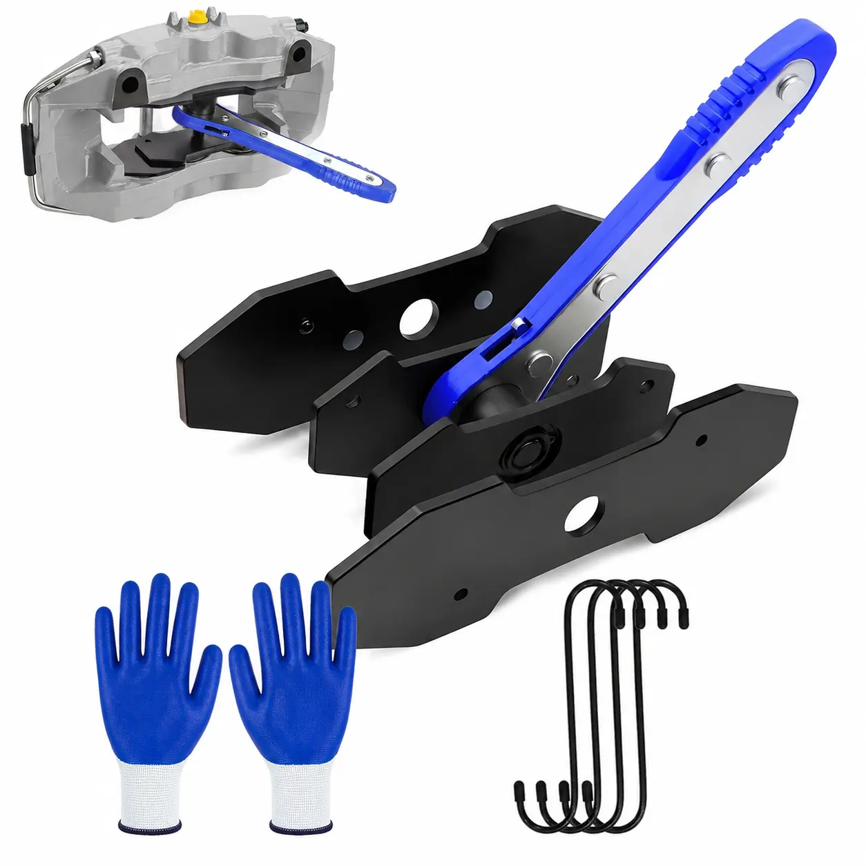 Brake Caliper Press Tool with Nylon Grip Work Gloves& 4 Caliper Hooks,360-Degree Swing Ratchet Hand Wrench with Ratchet Switch,Repair Tool for Single, Twin, Quad Piston Disc Brakes，Effort-Saving Automotive Brake Repair Tool for Car Maintenance