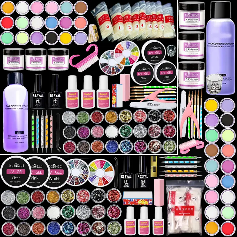 Acrylic Nail Kit with 500 Tips & 42 Glitters, All-in-One DIY Manicure Set with UV Lamp, Acrylic Powders & UV Gels, Rhinestone Wheels, Massive Home Nail Art Supplies for Women, Refill & Starter Gift