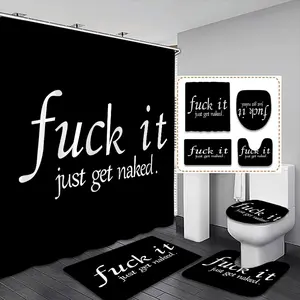 Creative Text Pattern Shower Curtain Set, Shower Essentials, 1/4pcs, Two Specifications Available, Includes 12 Plastic Hooks, Non-Slip Mat, Toilet Lid Pad, Bathroom Curtain