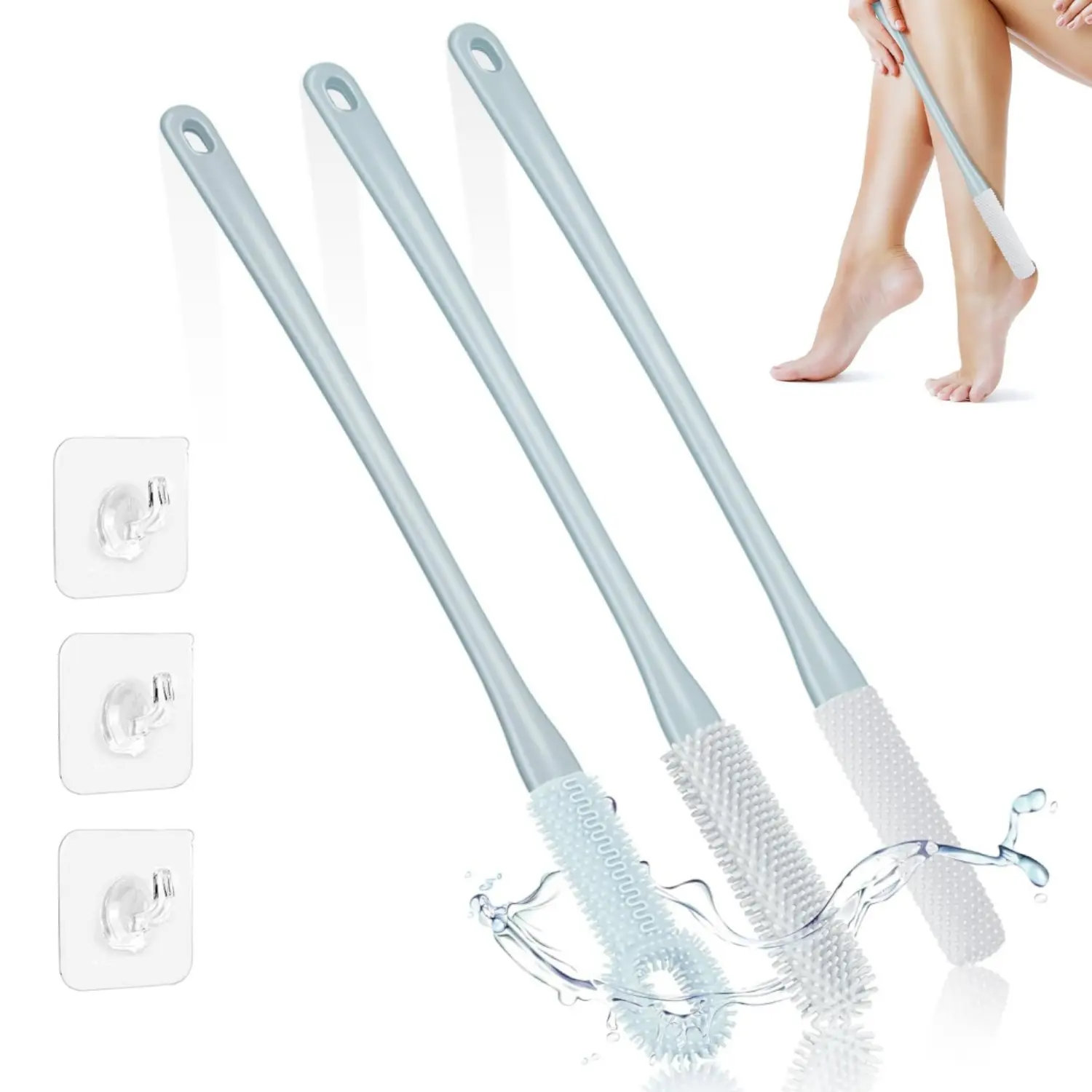 3/2 Pack 15.7" Long Handle Foot Scrub Brush With 3/2 Hooks - Soft Silicone Toe Cleaner, Exfoliating Foot Massage Bath Brush, Back Scrubbing Brush, Manual Operation for Bathroom, Foot Spa, Shower Accessory Cleaning Gift Set Personal