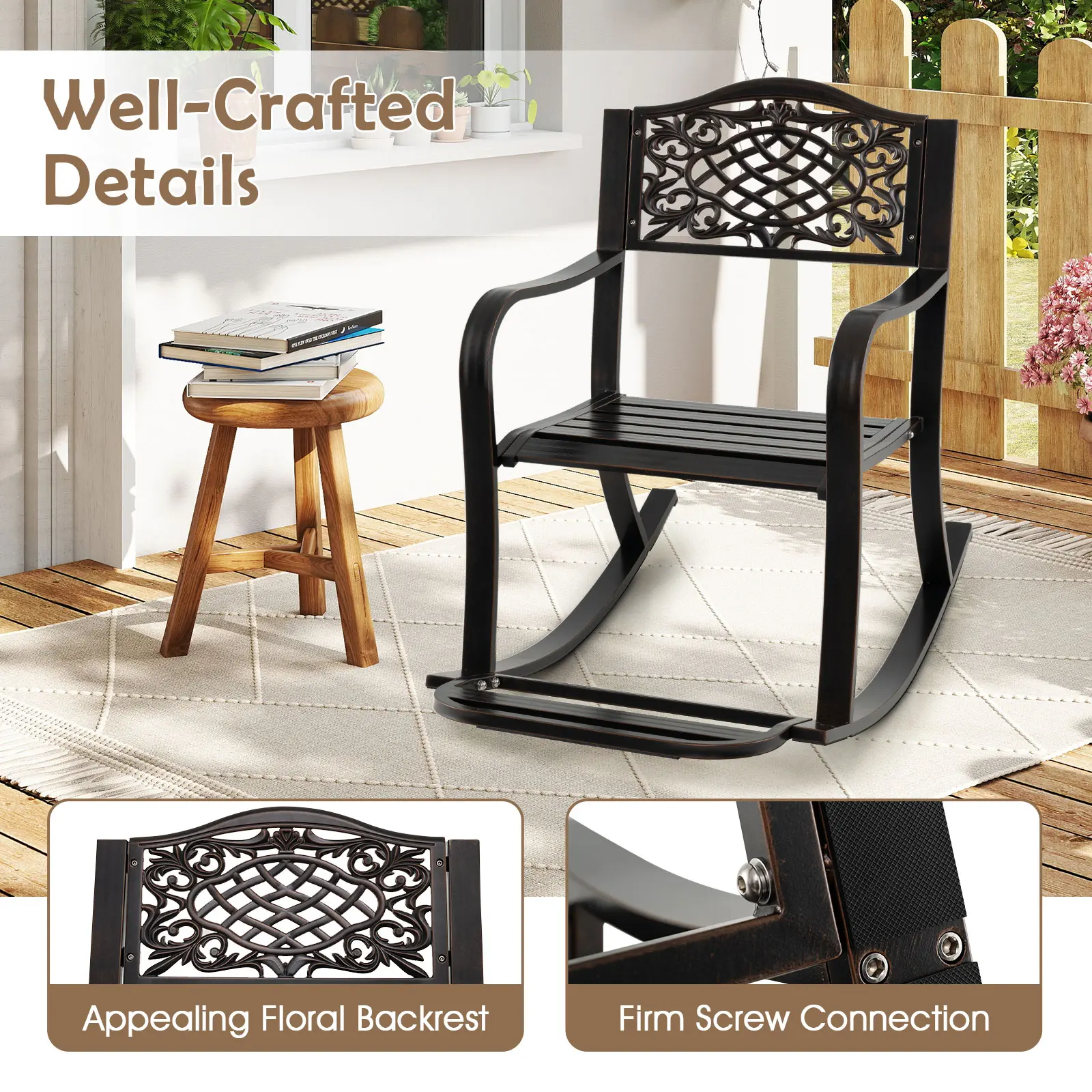 COSTWAY - Patio Rocking Chair with Footrest and Curved Armrests-Brown