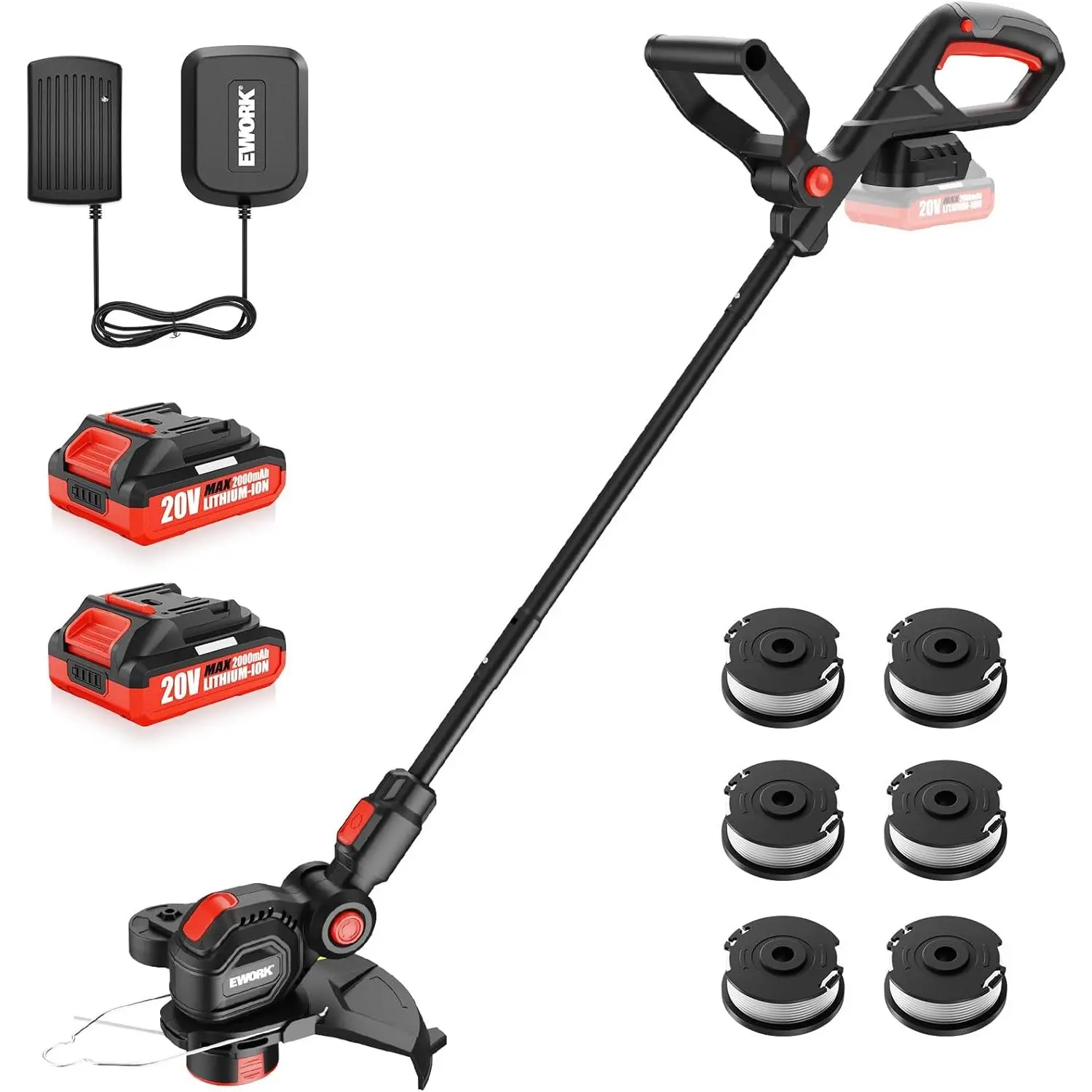 EWORK 20V Max 2-in-1 Weed Wacker Edger Combo for Women, 12-in Cordless Dual Battery Grass Trimmer with 90° Edger Pivot, 2 x 20V 2.0Ah Batteries, Fast Charger, 6 Replacement Spool Lines, 9000rpm for Tall Grass