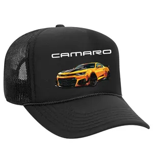 Black Threadz Camaro Logo Unisex Snapback Hat, Sporty Casual Fabric Black Trucker Cap for Men and Women