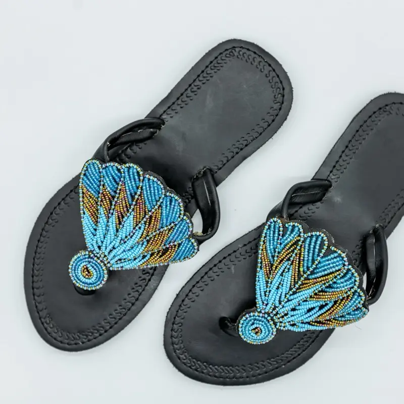 Handmade Blue Maasai Beaded Sandals – African Leather Vacation Flats