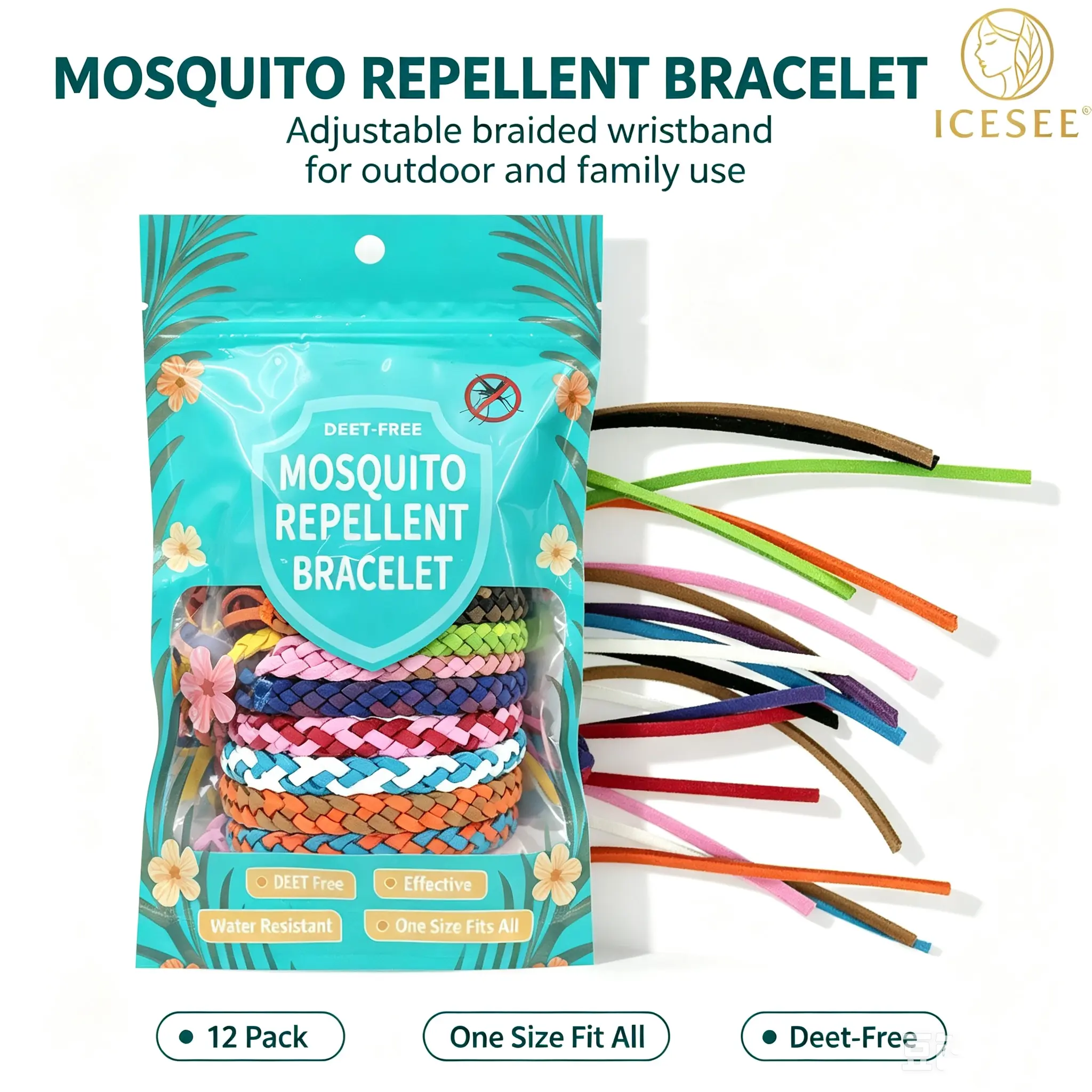 ICESEE 12 Pack Kids Adjustable Citronella Scent Woven Bracelets, PU Leather Portable Wrist Bands for Outdoor Camping