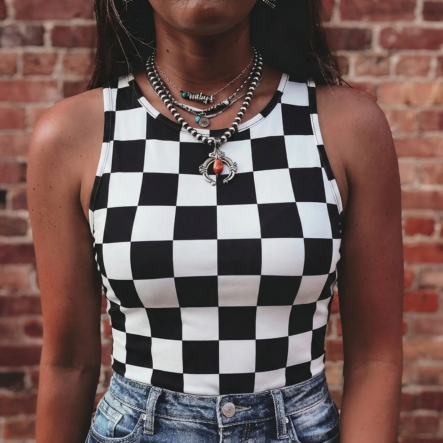 Black Checkerboard Slim Tank Top for Women, Western Sleeveless Round Neck Top