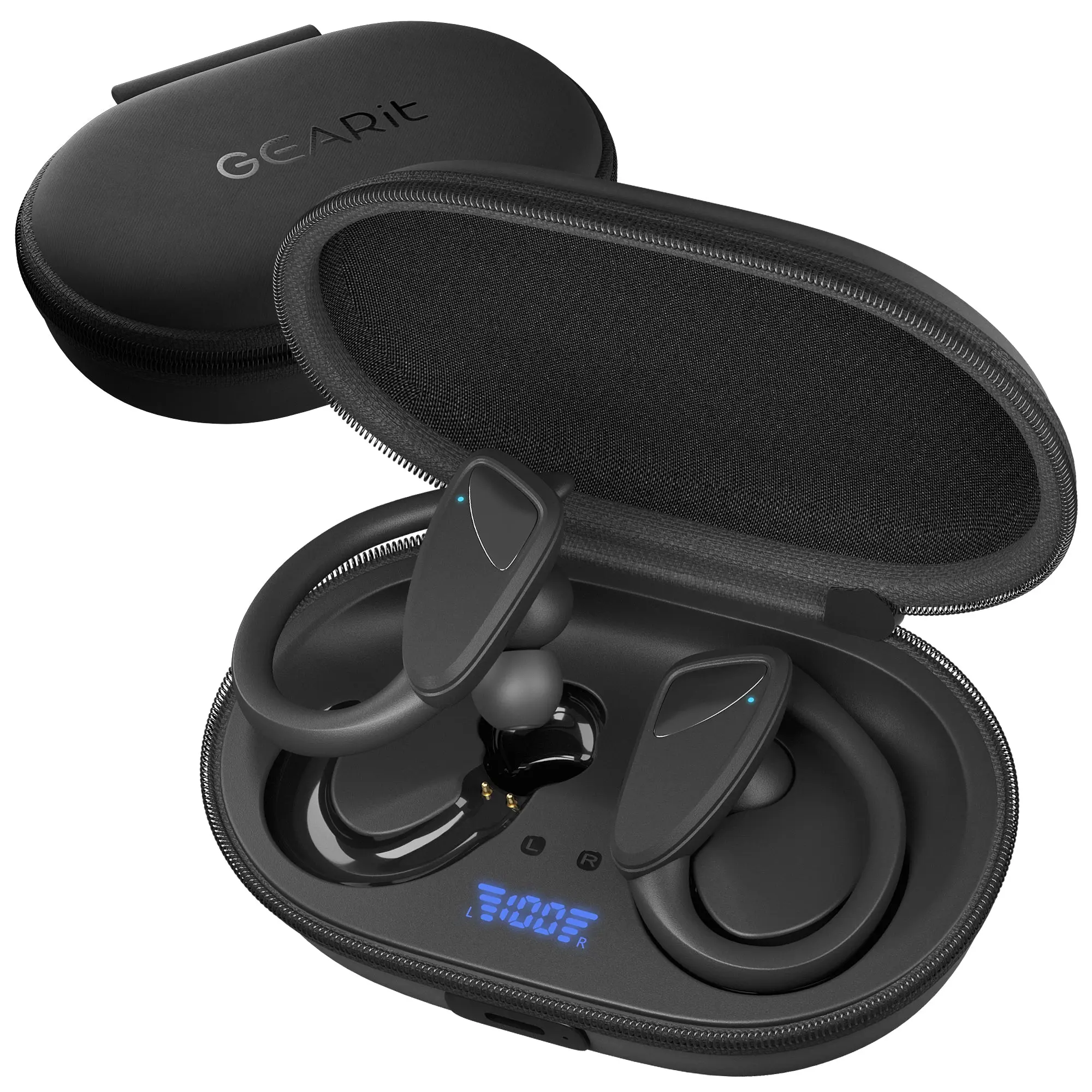 GEARit Sport Hook Earbud Headset - IPX7 Rated Waterproof Bluetooth 5.4 Bluetooth Audio Wireless Headphones, 23hr Battery, LCD Display, ANC Active Noise Reduction Wireless Headphones for Workouts