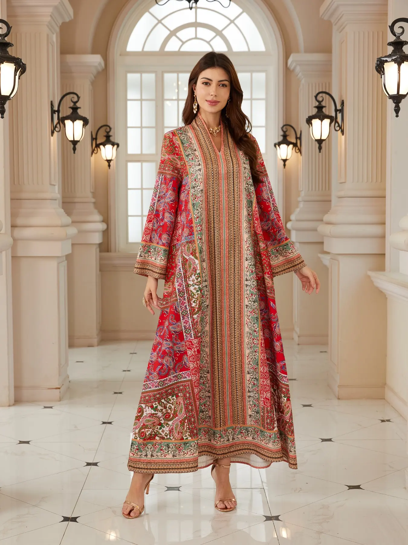 Bohemian Print Beaded Kaftan Dress, Boho Kaftan, Caftans, Long Evening Gown Abaya Style Jalabiya, New Middle Eastern Women Fashion, Elegant Party Wear