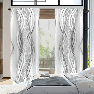 2pc silver-white striped line art print curtains, geometric modern abstract print curtains, Window curtain, suitable for bedrooms, living rooms, kitchens, dining rooms, studies, cafes for home decoration