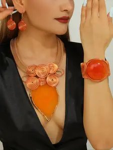 Handmade Large Resin Faux Jade Jewelry Set, Creative Aluminum Wire Necklace Earrings Bracelet, Unique Gift for Women