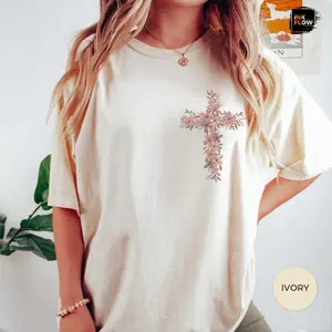 Comfort Colors Floral Cross Shirt – Christian Faith Botanical Graphic Tee – Feminine Aesthetic Religious T-Shirt for Women in Espresso