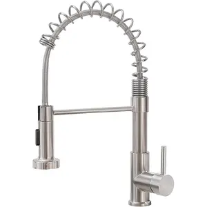 Commercial Brushed Nickel Kitchen Faucet with Pull Down Sprayer, Modern Stainless Steel Single Handle Spring Kitchen Faucets for Farmhouse Outdoor RV Camper Laundry Prep Wet Bar Sink 1 Hole