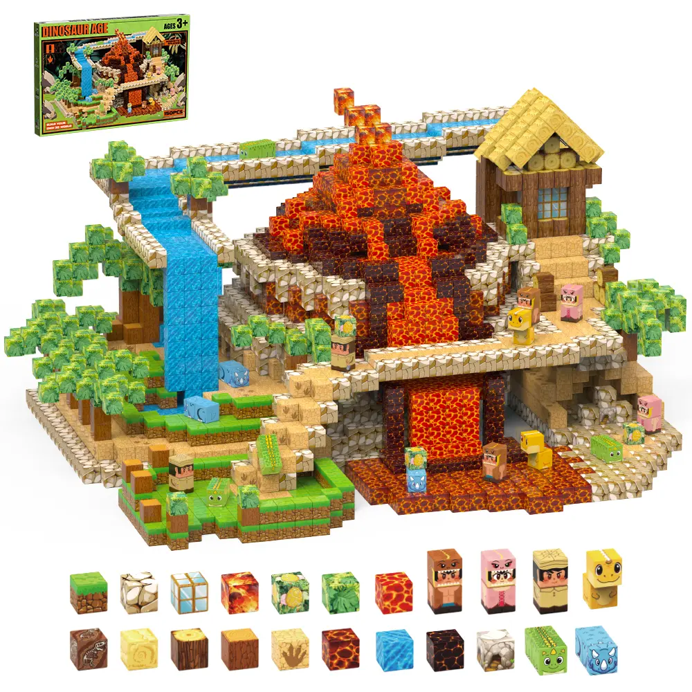 150PCS Magnetic Building Blocks - Dinosaur Theme STEM Sensory Montessori Toys, Pixelated Interactive Cube Model Building Kits for Kids 4-8, Open Ended Play Kids Favorites Birthday Christmas Gifts