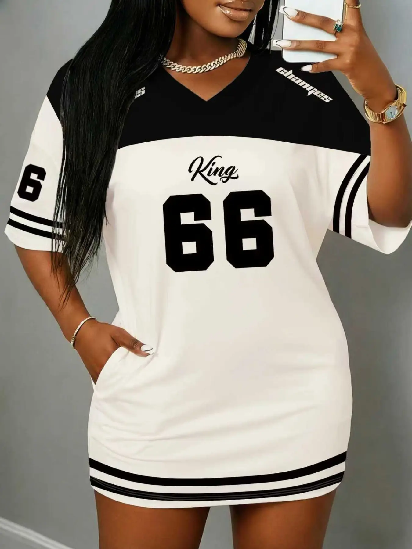 Y2K King66 Letter and Number Print Dress, V Neck Patchwork Drop Shoulder Pocket Loose Fit, Streetwear Casual Wear Sexy Fashion Trendy Campus Style Womenswear Dress, Casual Chic Dress