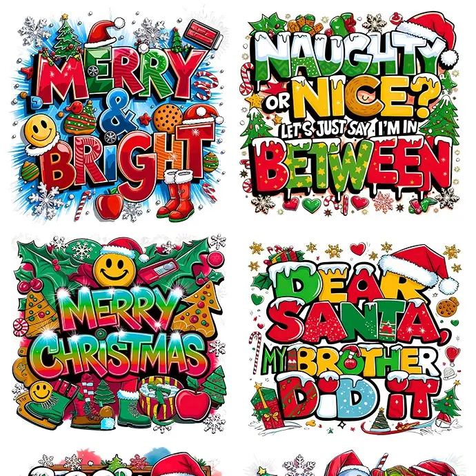 Merry and Bright Christmas Craft DTF Gang Sheet, 23x60 in, 9 Large Prints, 7 Kids-Size Prints for Family DIY Projects