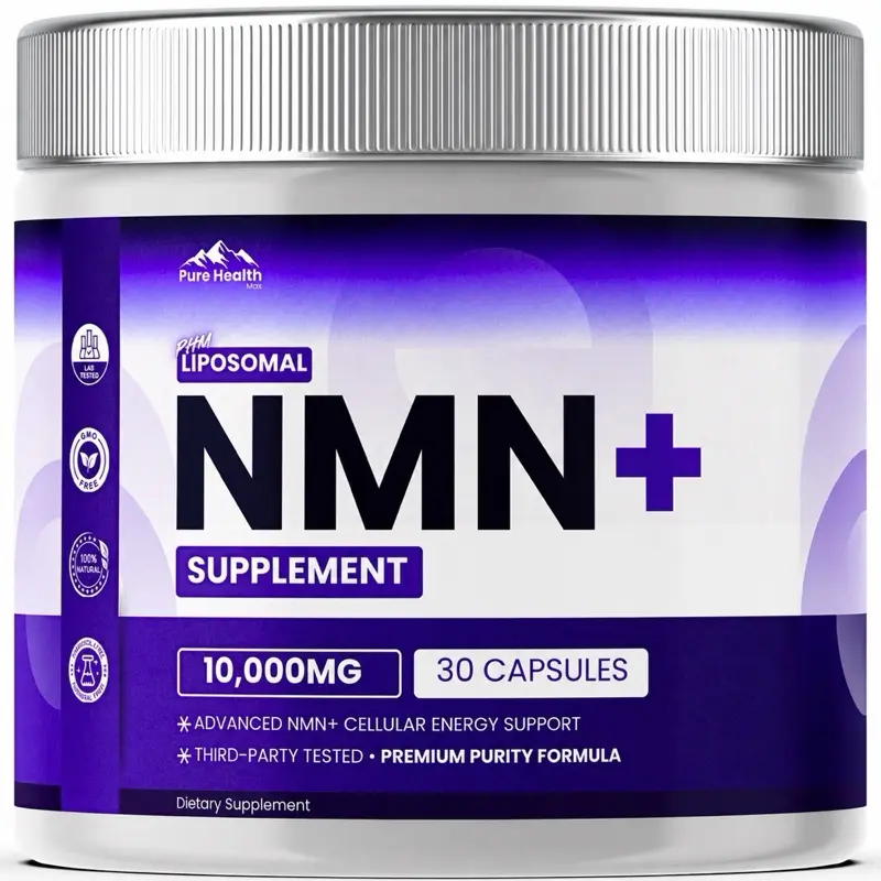 PURE HEALTH MAX NMN Supplement with NAD+ and Resveratrol - 10,000MG Extra Strength | NAD Liposomal Supplements for Men and Women | 30 Capsules, 1 Months Supply