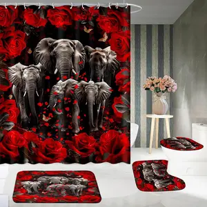 Elephant & Rose Pattern Bathroom Decor Set, Shower Curtain Sets, 4 Counts/set Including 1 Shower Curtain & 1 Toilet U-shape Mat & 1 Rectangular Mat & 1 Toilet Lid Cover, Bathroom Decor Supplies