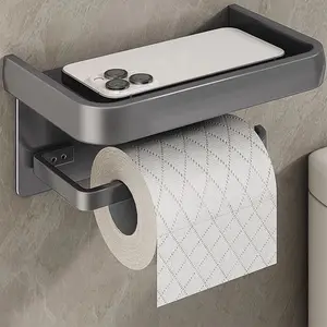 Aluminum Alloy Toilet Roll Paper Holder W Phone Shelf