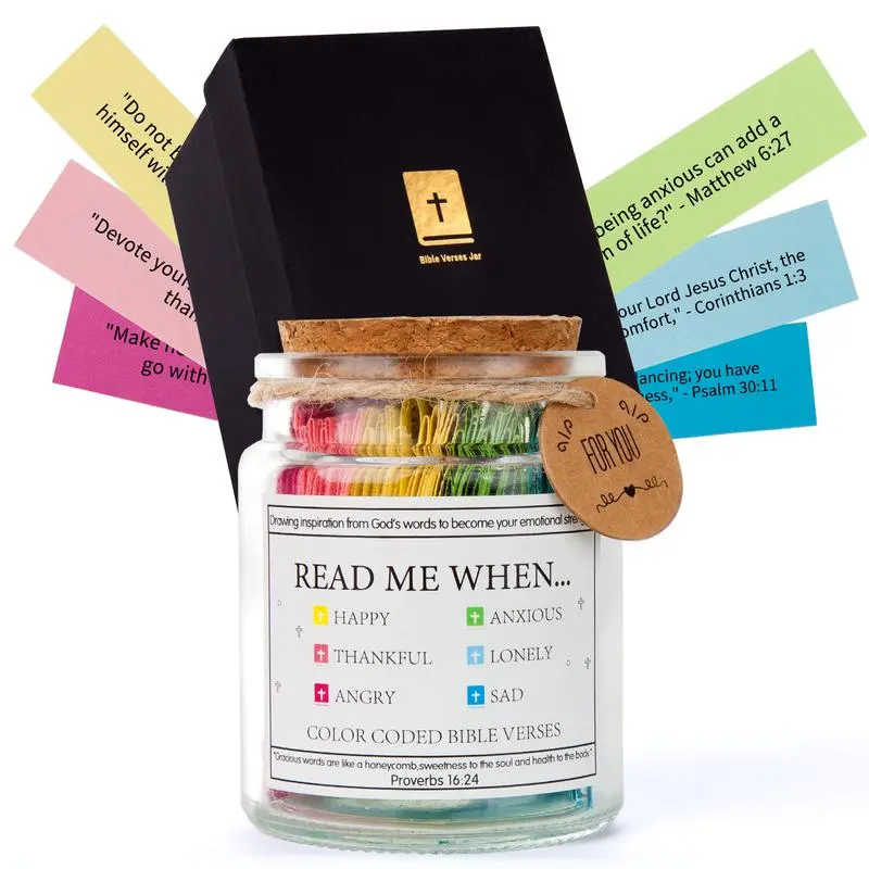 Scripture Verse Jar with 90 Uplifting Bible Quotes, Christian Inspirational Gift for Women Men, Birthday Graduation Present for Mom s Friends, Prayer Card Set in Glass Container, clera