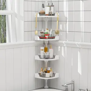 4 Tier Corner Shower Caddy Tension Pole with Hooks, 360° Rotating Rustproof Bathtub Shower Organizer, 33.5-124 Inch Adjustable Floor to Ceiling Shower Caddy