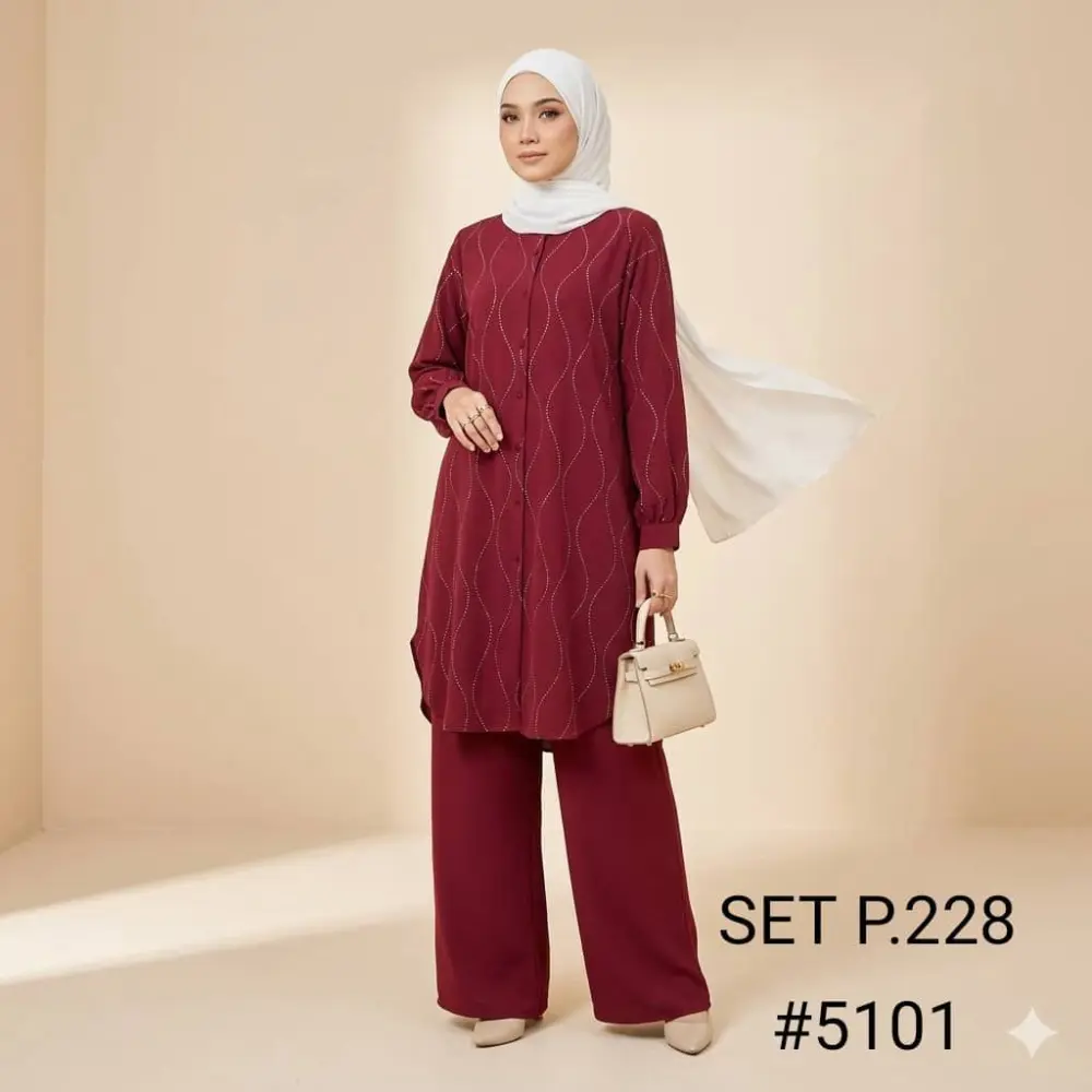 Women's Long Modest Italian Crepe 2 Piece Suit with Beadwork Button Front Co-Ord Set for Work & Casual Wear
