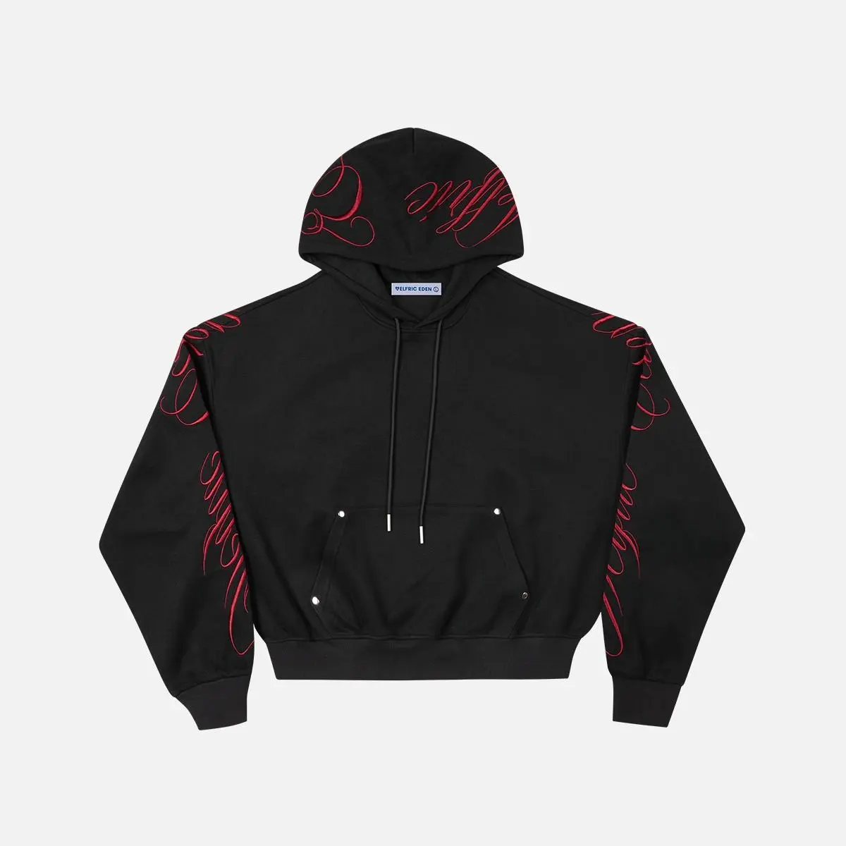 Aelfric Eden Red Script Embroidery Cropped Hoodie Red Script Embroidery Cropped Boxy Silhouette Studded Pocket Soft Fabric Unisex Streetwear Hoodie