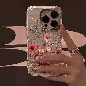 Unique luxury rhinestone floral pattern phone case, transparent shimmering starlight drop-proof protective cover suitable for iPhone 17 Pro Max/17 Air/iPhone Air/16 Pro Max/15 Plus/14/13/12 Christmas and Halloween gifts