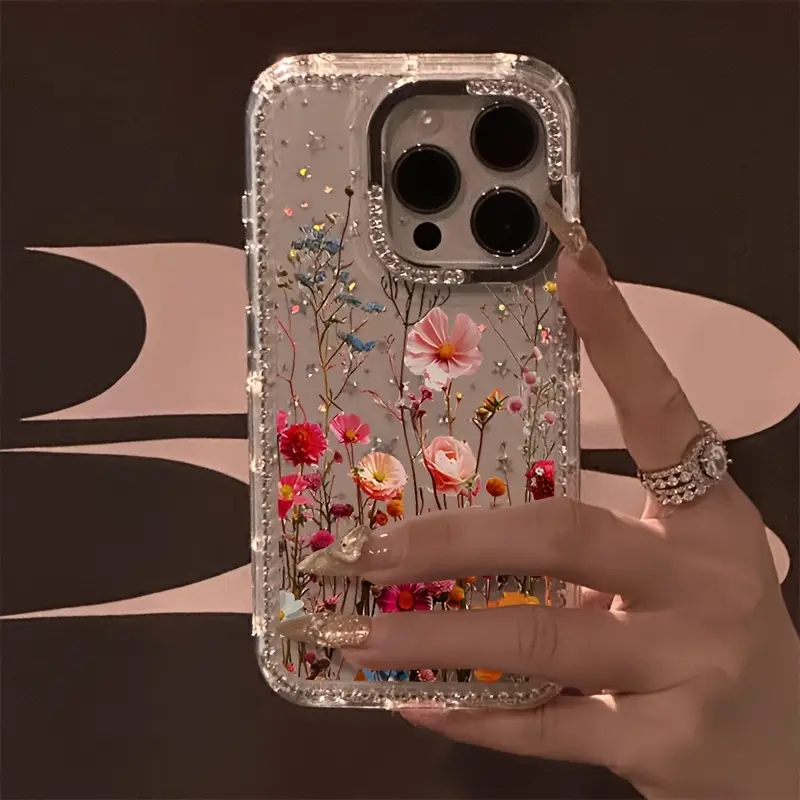 Luxury Rhinestone Flower Pattern Smartphone Case - Transparent Shimmering Starlight Drop-Proof Cover for iPhone 17 Pro Max/17 Air/16 Pro Max/15 Plus/14/13/12, Handheld Cellphone Devices Christmas Gift