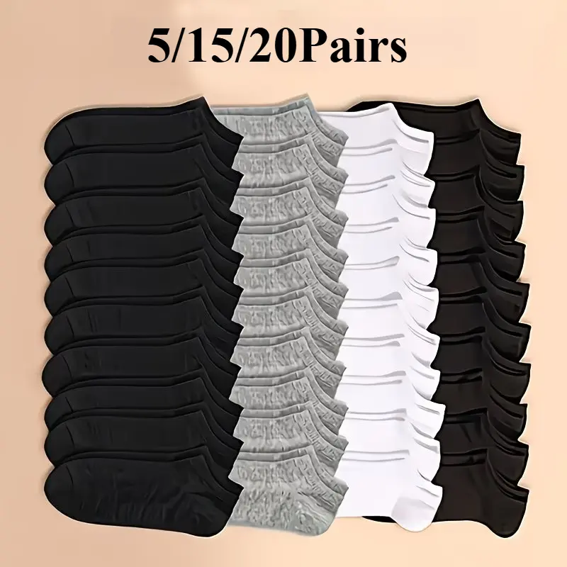 5/15/20 Pairs Unisex Ankle Socks, Breathable Solid Color Casual Socks with High Rebound 5% Spandex, Durable Thickened Sole for Outdoor Sports, Athletic Sports Socks, Lightweight Socks