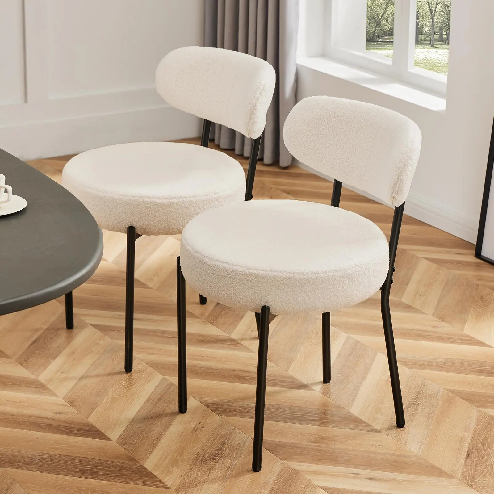 2-Piece Boucle Fabric Dining Chairs Set, Mid-Century Modern Kitchen & Dining Room Chairs with Curved Backrest and Metal Legs, Fabric Dining Chair