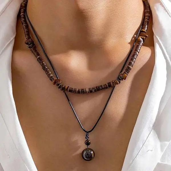 DearLuniva B Puka Shell Necklace for Men Tiger Eye Hawaiian Layered Beaded Shungite Black Onyx Necklaces Summer Charm Necklace Beach Vacation Essentials