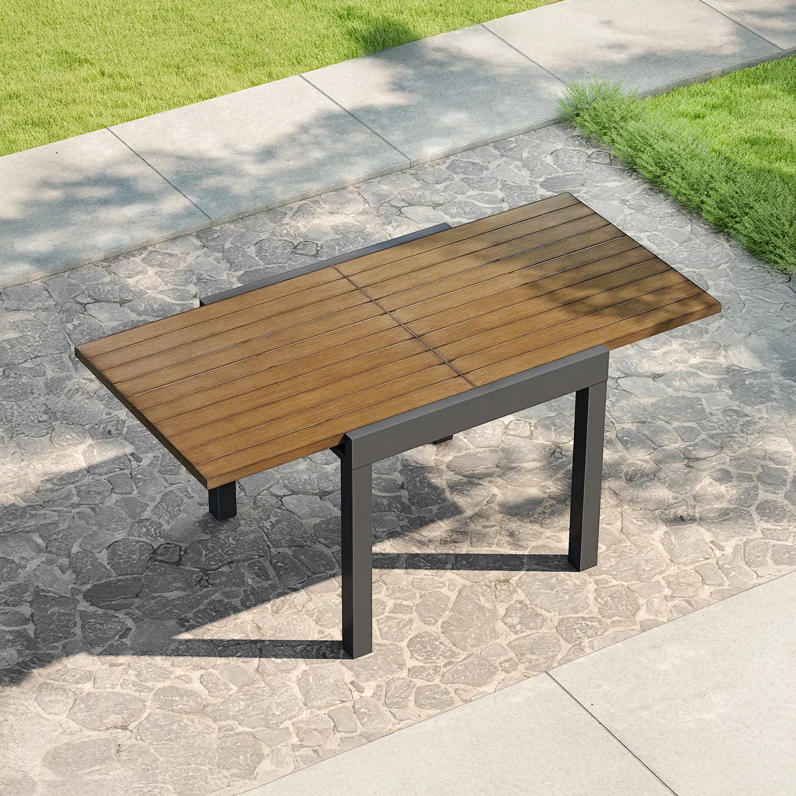 SEEHILL Expandable Patio Dining Table Never-Rust Aluminum Extendable Outdoor Dining Table for 4-6 Person, 32"-65" Adjustable Indoor Outdoor Expandable Patio Table for Garden, Porch, Deck, Backyard, Apartment, Teak Color