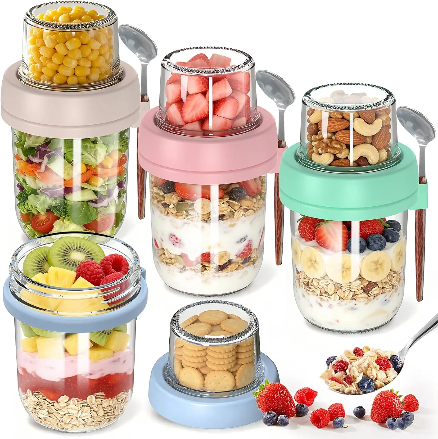 4-Pack Airtight Glass Leakproof Food Containers Set, 20oz Dual Compartment Wide Mouth Stackable Meal Prep Jars with Lids, Spoons for Health-Conscious Individuals, Gym, Oats, Yogurt, Utensils, Kitchen Supplies, Multi-Meal Jars