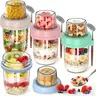 4-Pack Airtight Leak-Proof Glass Cereal Canister Set - 20oz Dual Compartment Wide Mouth Stackable Food Sealing Containers, Kitchen Storage Jars with Lids, Plastic Utensils Spoons, Dustproof Topping Compartment for Gym & Work Users