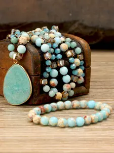 Natural Shoushan Stone Necklace & Bracelet Set, Autumn Winter Sweater Chain Jewelry for Women, Elegant Design Perfect Gift Idea