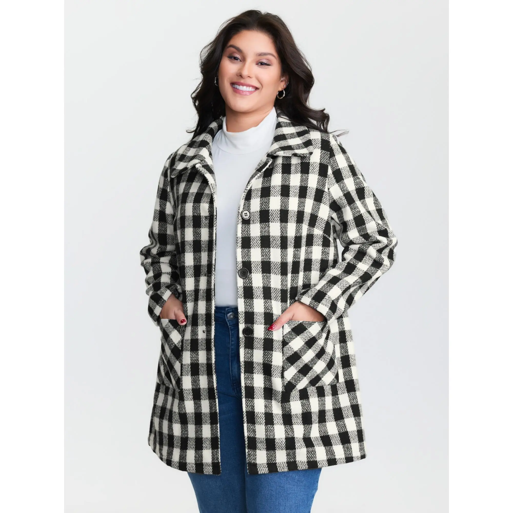 BloomChic Women's Plus Size Gingham Plaid Polyester Button-Front Jacket with Doll Collar, Patch Pockets, Regular Casual Fit, Machine Washable Tops, Smooth Outerwear, Coats, Lady, Do Not Tumble Dry