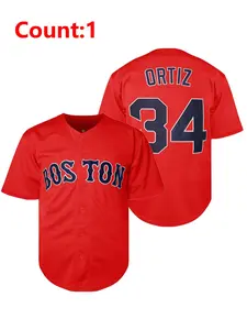 Men's Letter Patched Button Front Baseball Jersey, Loose Casual Short Sleeve V Neck Baseball Top for Boston, Sportswear for Men, Apparel Jersey