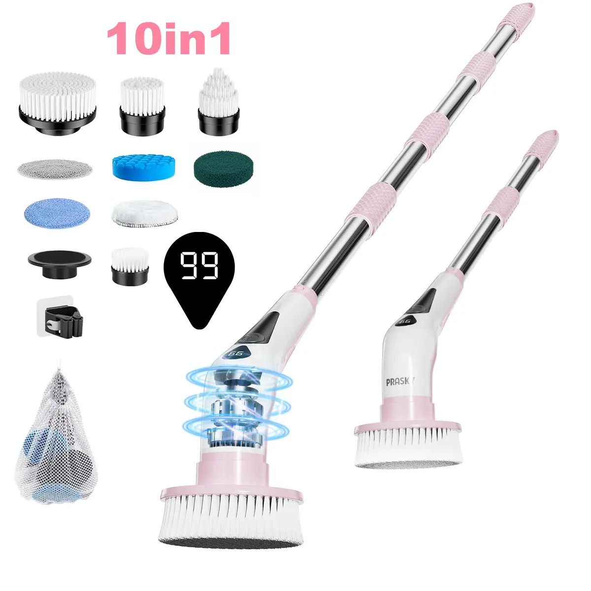 PRASKY Wireless 10-in-1 Cordless Electric Spin Scrubber, IPX8 Waterproof Cleaning Brush with Ergonomic Extendable Rod, Speed Switch, 9 Replacement Heads, 90-120 Mins Runtime, Fast Charger (3-5 Hours) for Household Bathroom Use, Stainless Steel, Adjustable