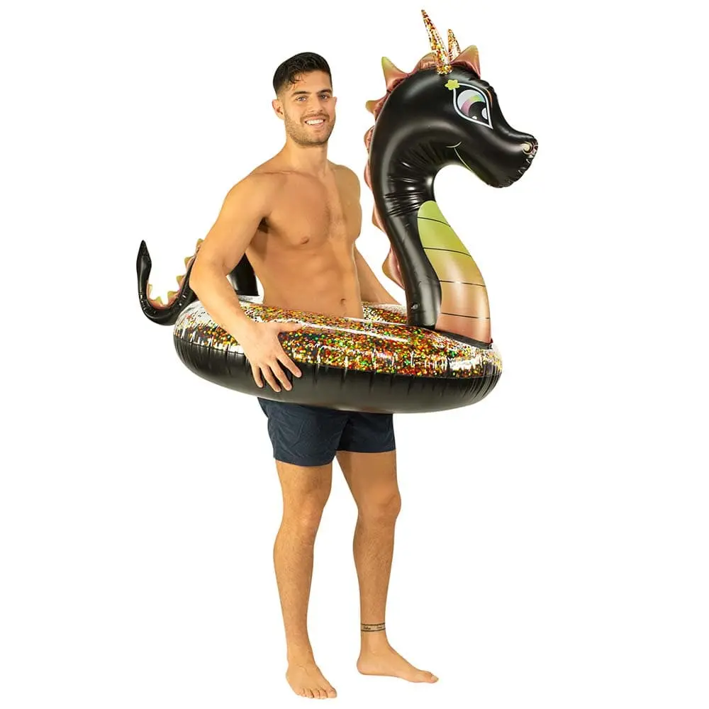 PoolCandy 42" Black Dragon Inflatable Floater - PVC Phthalate-Free Unisex Pool Float, Swimming Accessory with Holographic Glow Color-Changing Glitter, Sports & Outdoor Toy for 12+ Years, Holds Up to 250 lbs