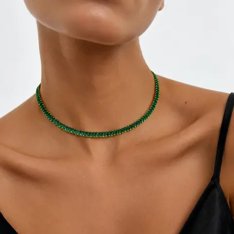 Emerald Crystal Tennis Necklace 18k Gold Plating | Adjustable  16-20 Inches