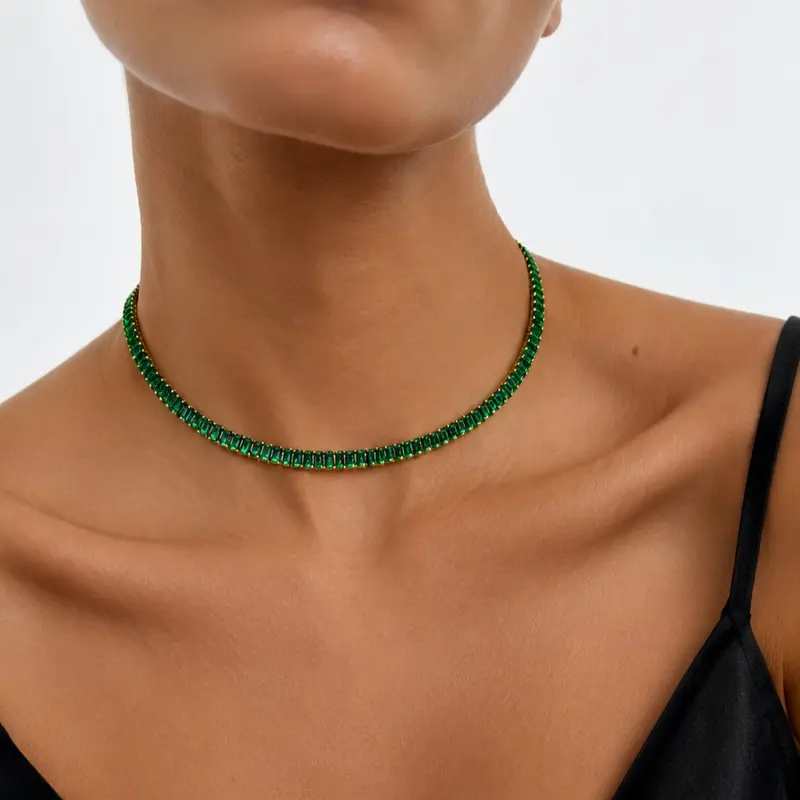 Emerald Crystal Tennis Necklace 18k Gold Plating | Adjustable 16-20 Inches